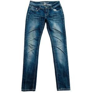 Juniors Embellished Pocket Stretch Skinny Jeans Embroidered Dark Wash Size 9